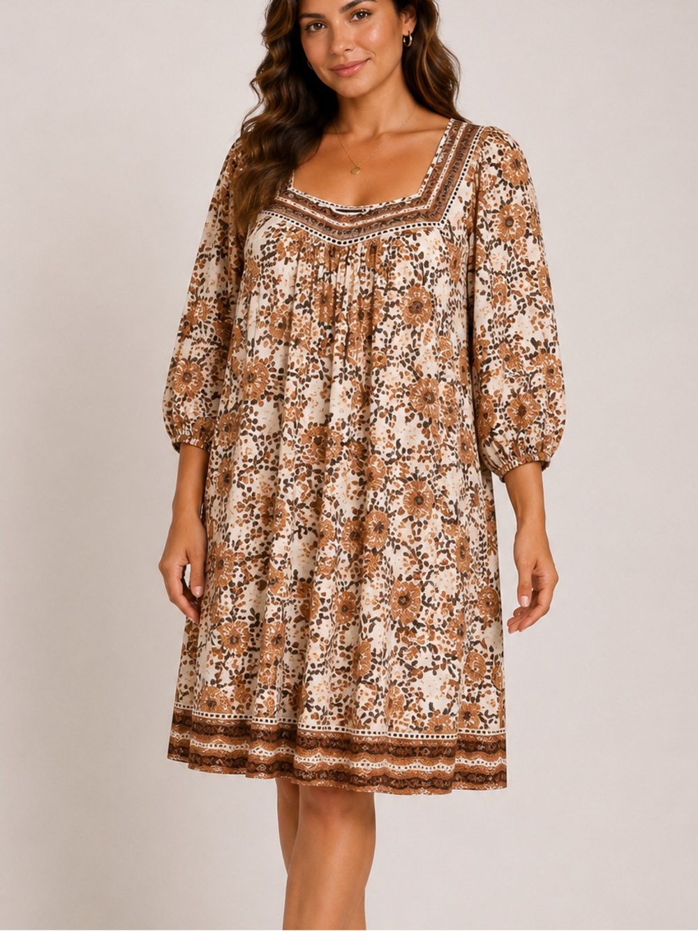 Wendy Bellissimo Cream and Brown Floral Midi Dress